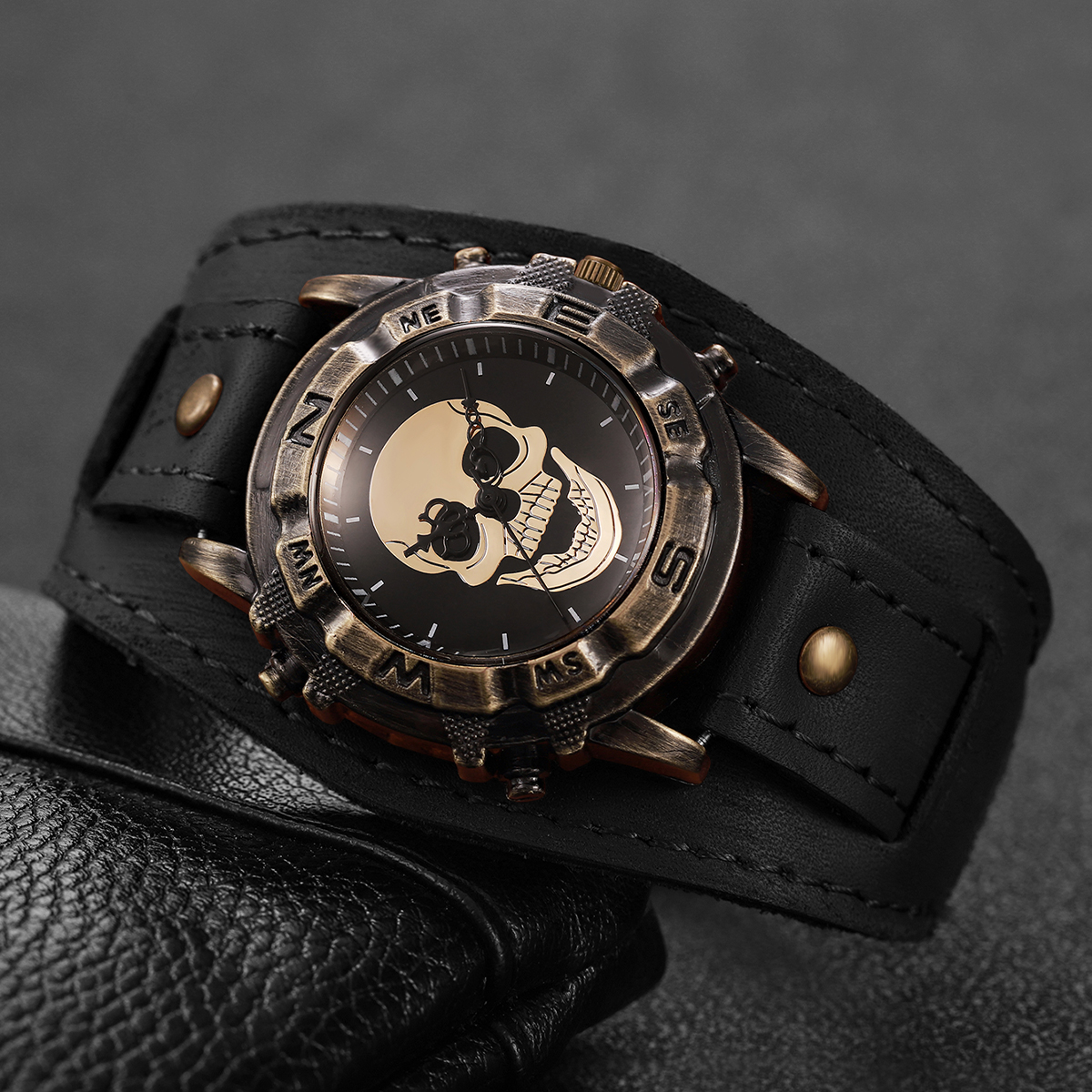 Leather Watch Band Men - Vintage Kafatası Erkek Izle Geniş Koyu