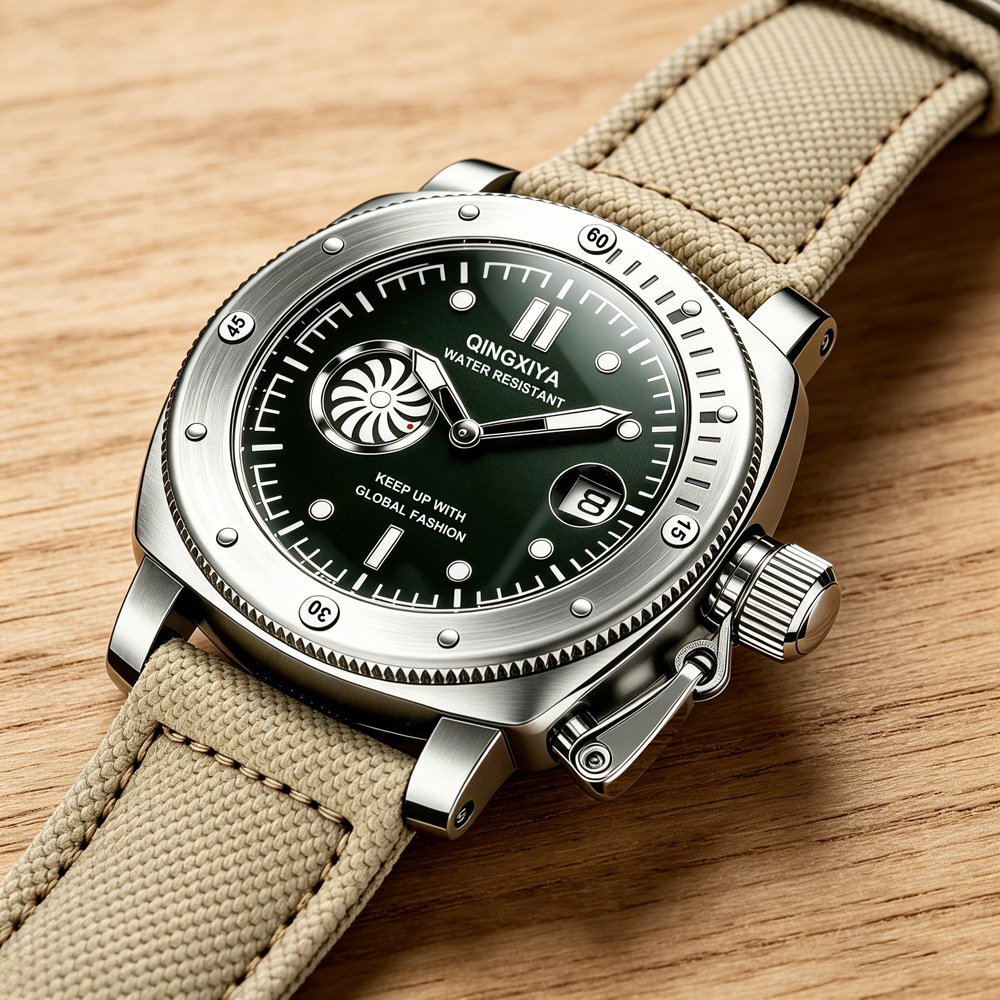 Canvas Strap Watch - Havalı Yaratıcı Haki Kanvas Kayışlı Kuvars