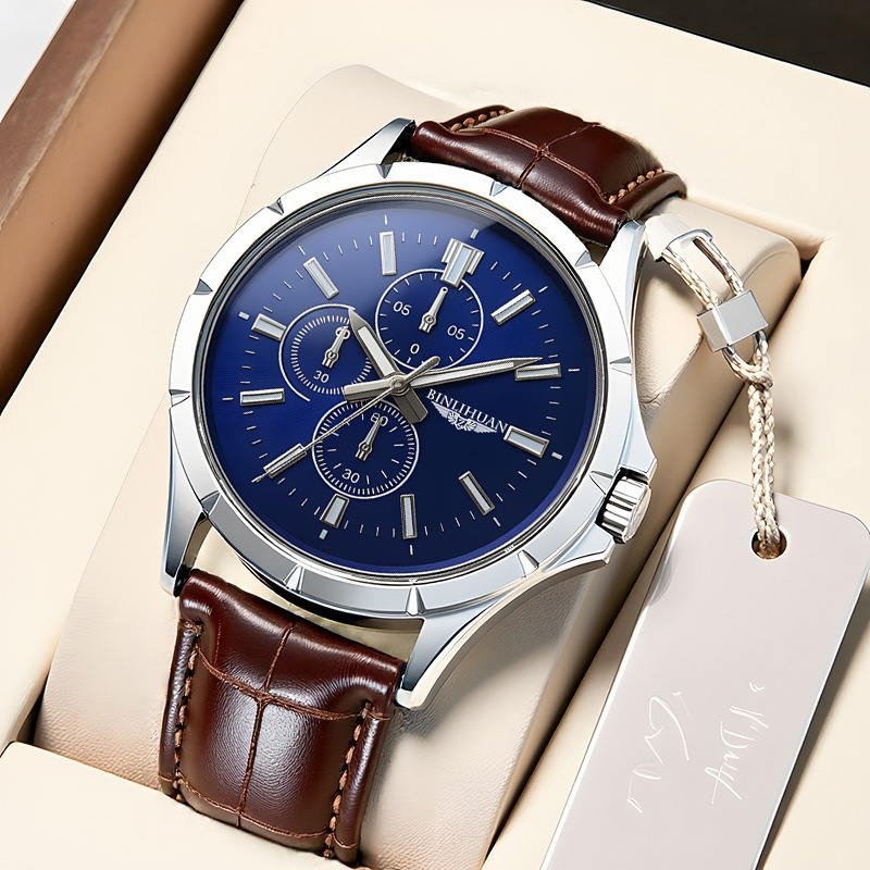 Leather Watch Band Men - Erkek Kronograf Kuvars Saat, Mavi Kadranlı
