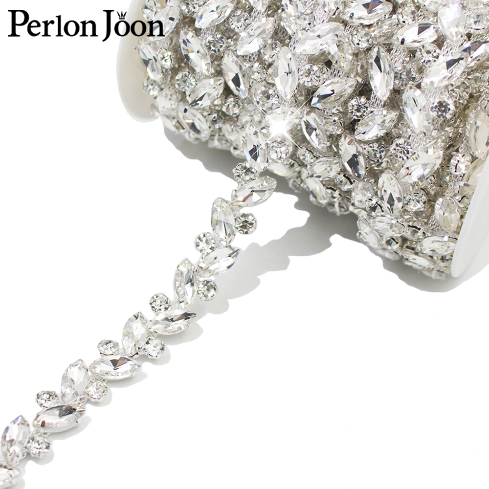 Perlon Strap Woven - Yaprak Yuvarlak Kristal Rhinestone Dekorasyon Zinciri