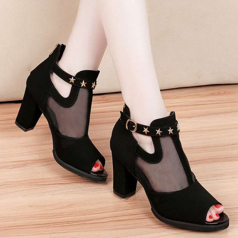 Mesh Strap Metal - Fileli Peep Toe Blok Topuklu Kadın