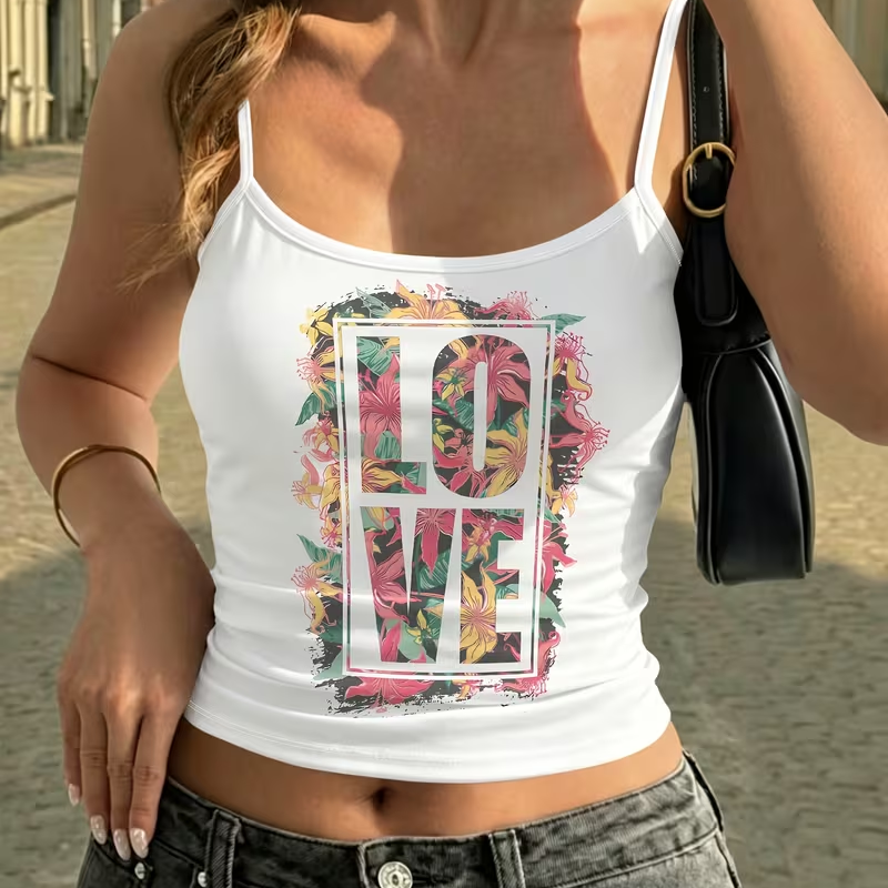 Tropic Strap Vintage - Kadın Y2K Çiçek AŞK Baskı Üst