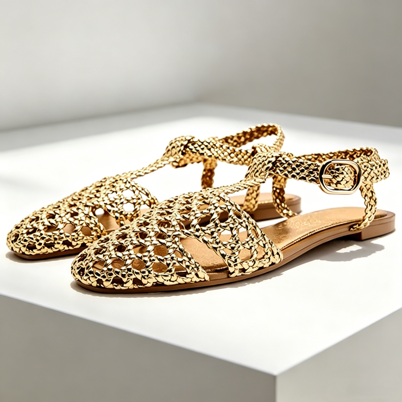 Altın Örgü Dokuma Düz Sandalet - Mesh Strap Metal incelemesi ve fiyatı
