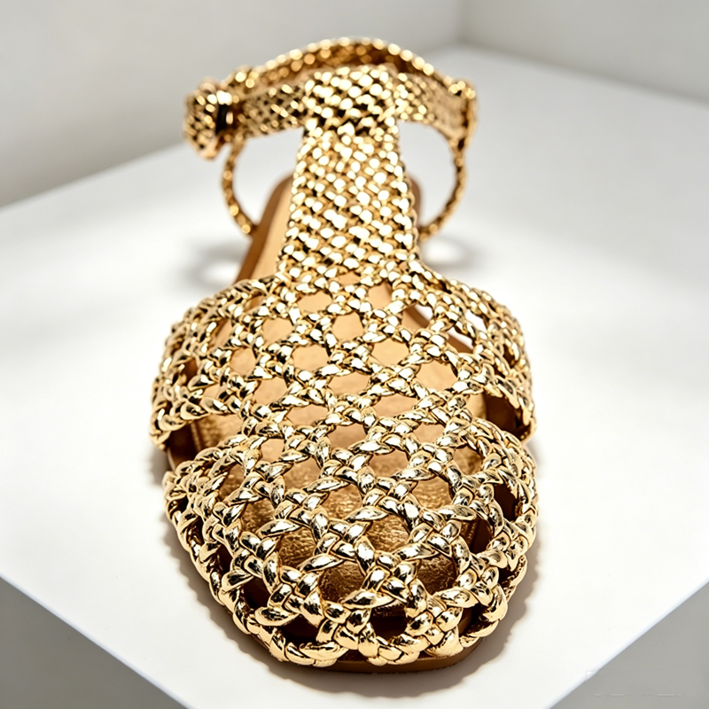 Altın Örgü Dokuma Düz Sandalet - Mesh Strap Metal incelemesi ve fiyatı