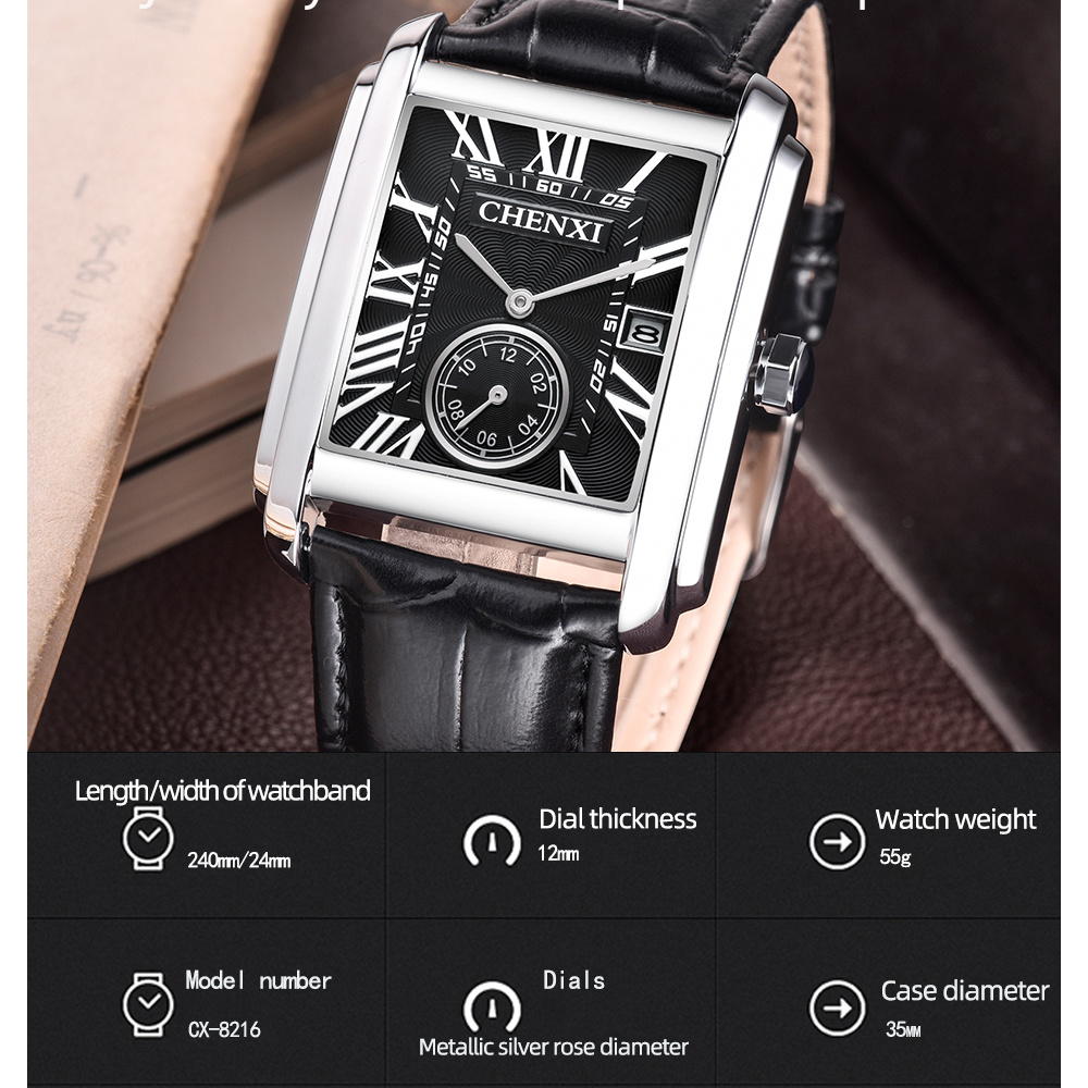 CHENXI 8216 Moda Klasik Kare K - Leather Watch Band Men incelemesi ve fiyatı